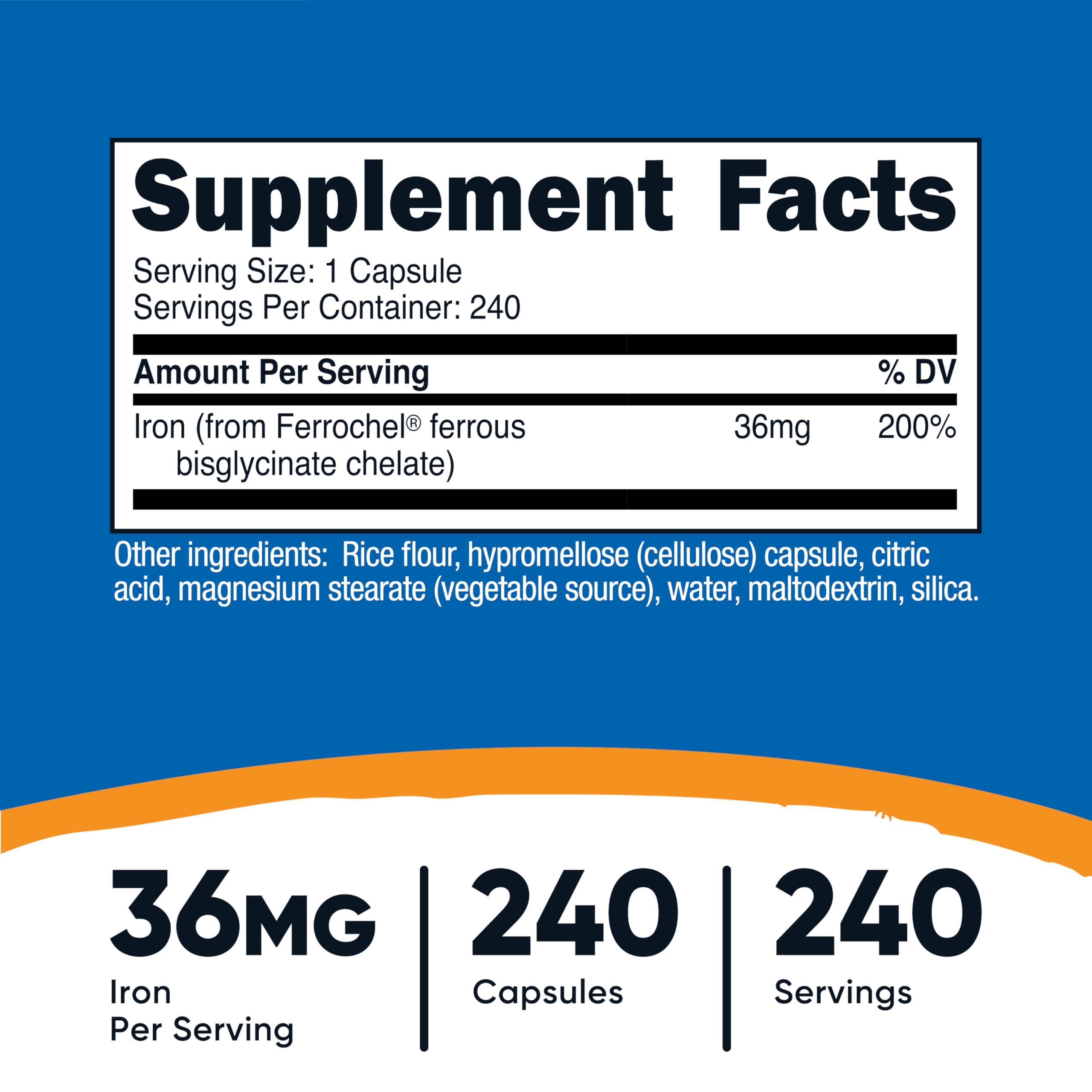 Nutricost iron capsule close-up highlighting easy-to-swallow 36 mg dose.