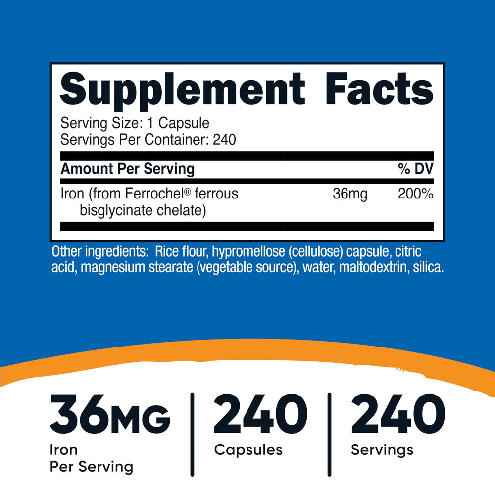 Nutricost iron capsule close-up highlighting easy-to-swallow 36 mg dose.