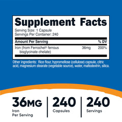Nutricost iron capsule close-up highlighting easy-to-swallow 36 mg dose.