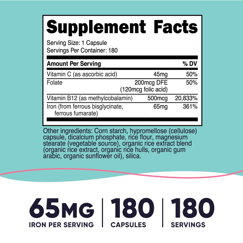 Nutricost Iron for Women 65mg capsules closeup, smooth vegetarian capsules.