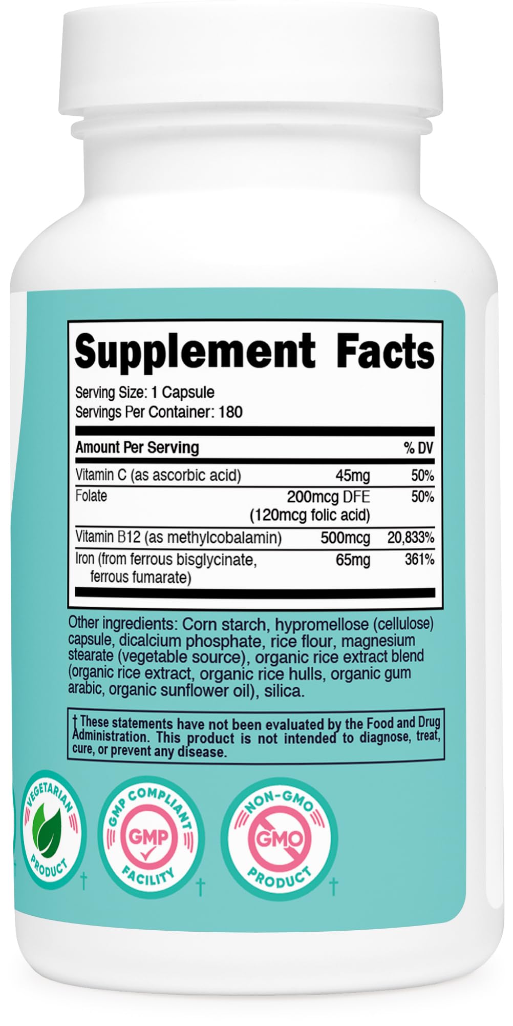 Nutricost Iron for Women 65mg ingredients panel highlighting folate and B12.