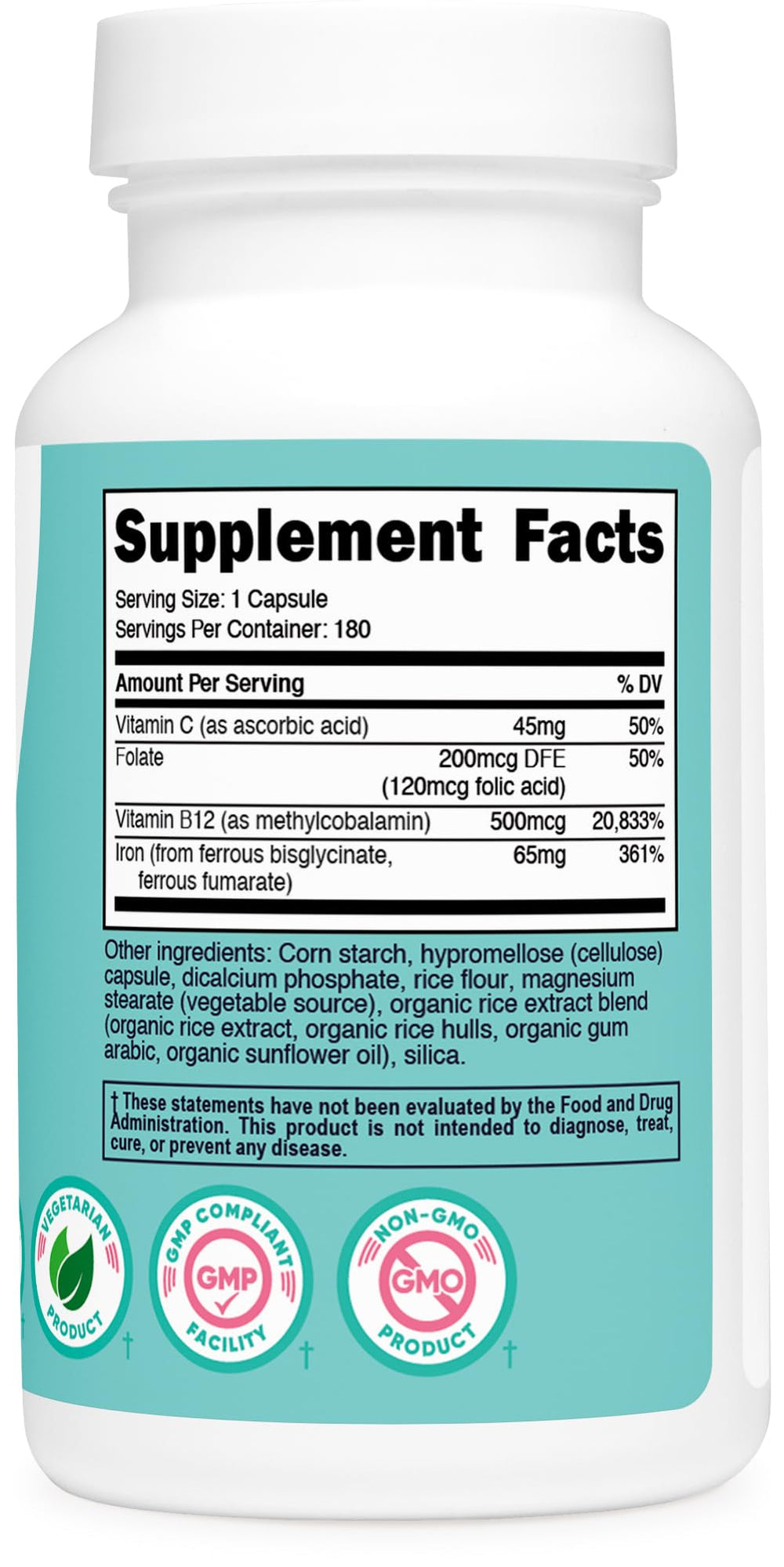 Nutricost Iron for Women 65mg ingredients panel highlighting folate and B12.