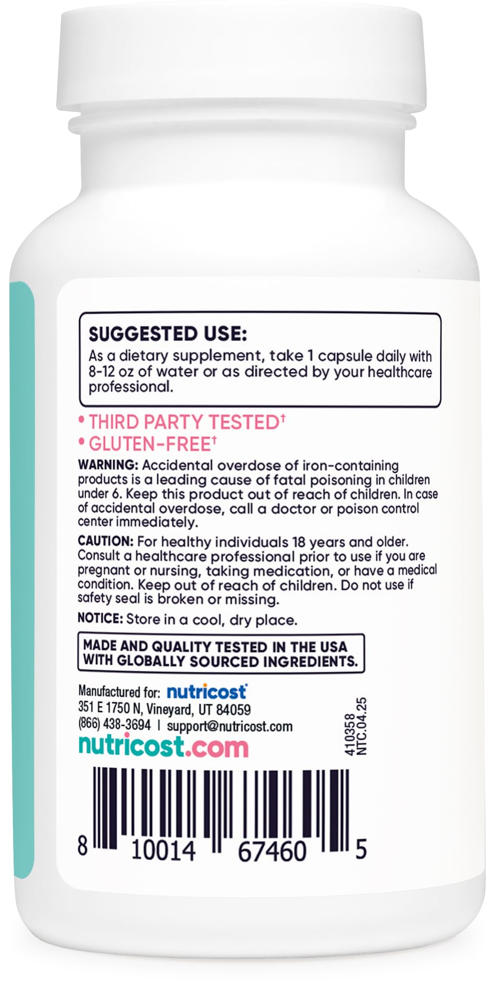 Nutricost Iron for Women 65mg packaging showing gluten-free and non-GMO seals.