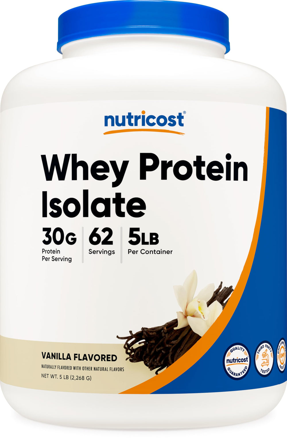 Nutricost Isolate Whey Vanilla 5lbs bottle front highlights premium protein for post-workout fueling.