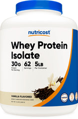 Nutricost Isolate Whey Vanilla 5lbs bottle front highlights premium protein for post-workout fueling.