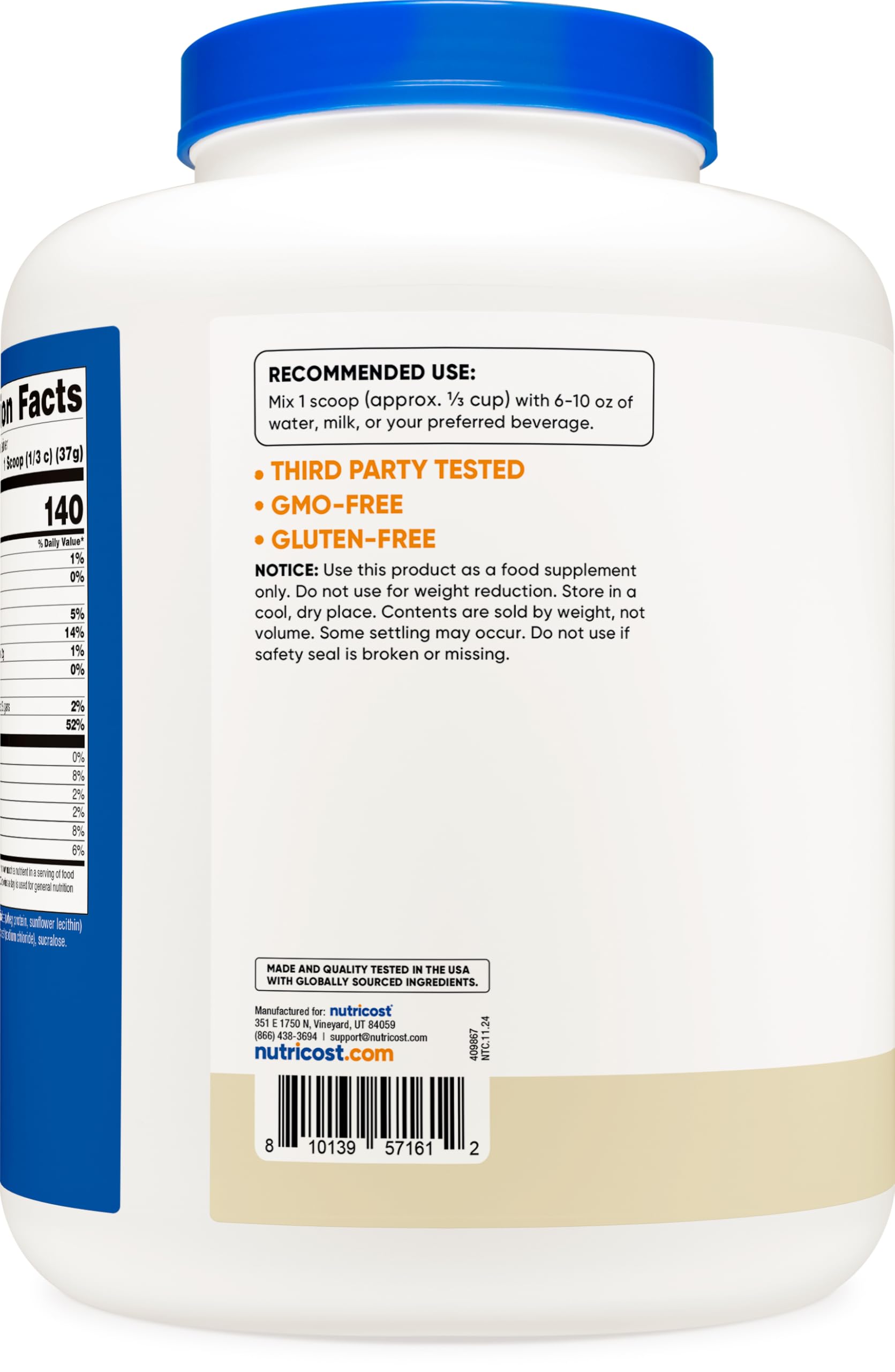 Nutricost Isolate Whey Vanilla 5lbs facility logos convey quality and compliance standards.