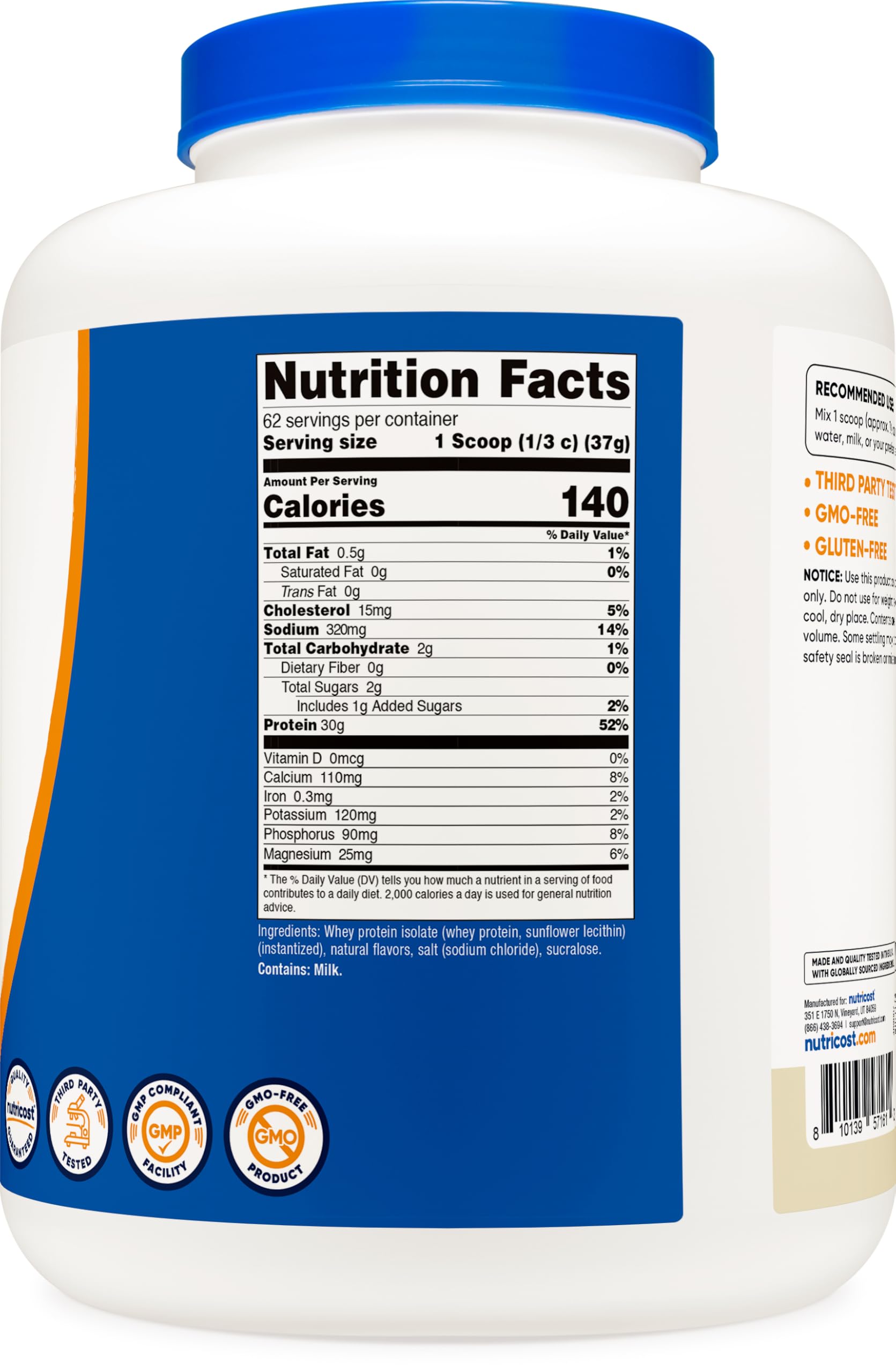 Nutricost Isolate Whey Vanilla 5lbs powder in mixer suggests fast, smooth shakes.