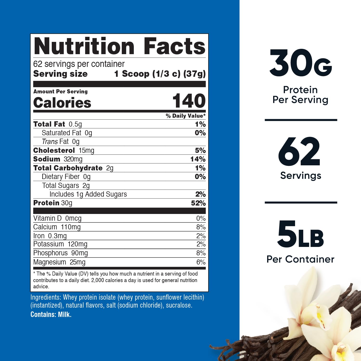 Nutricost Isolate Whey Vanilla 5lbs scoop in glass demonstrates convenient serving for quick shakes.