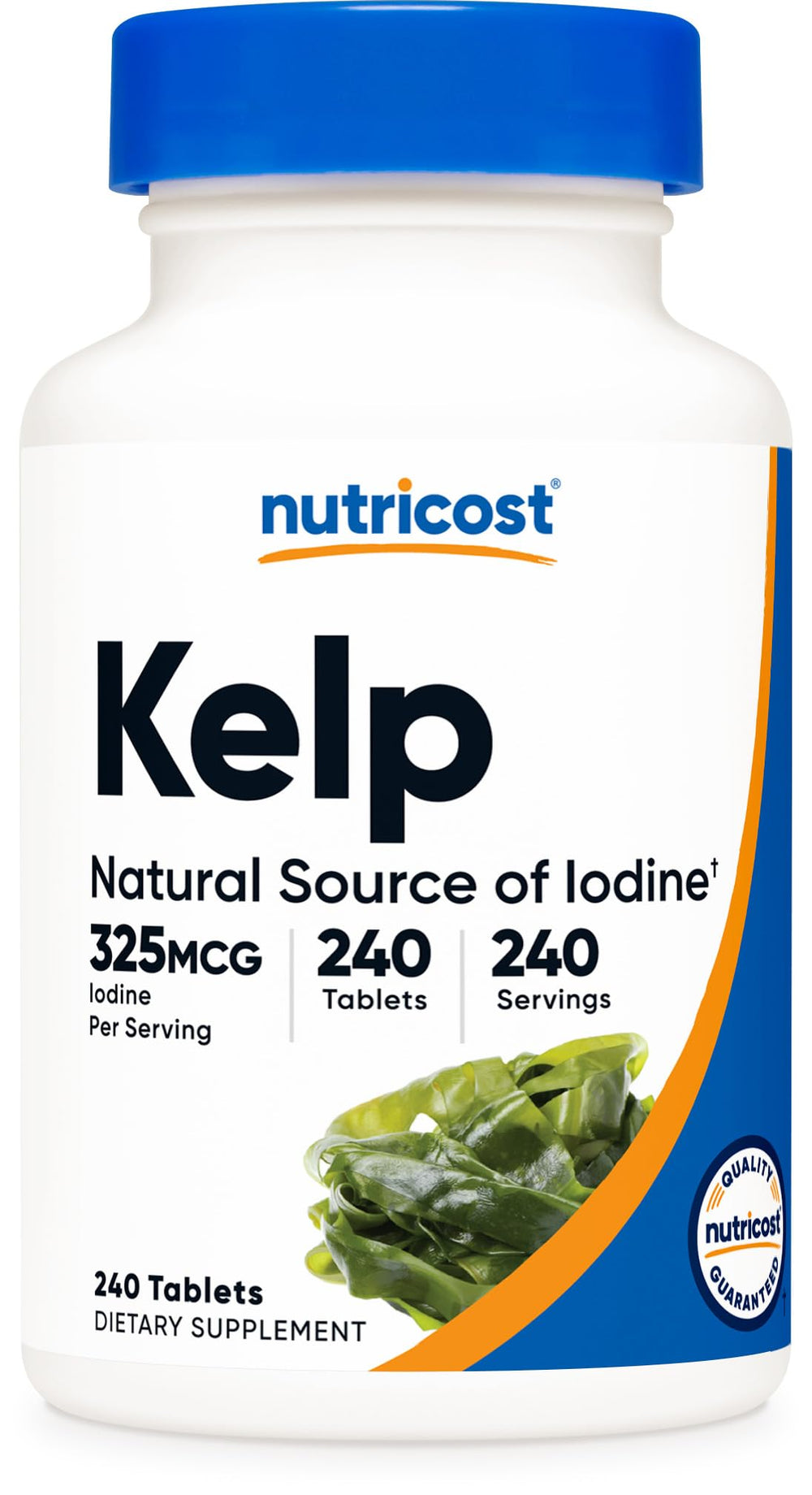 Nutricost Kelp Tablets bottle front showing the natural iodine source for daily intake