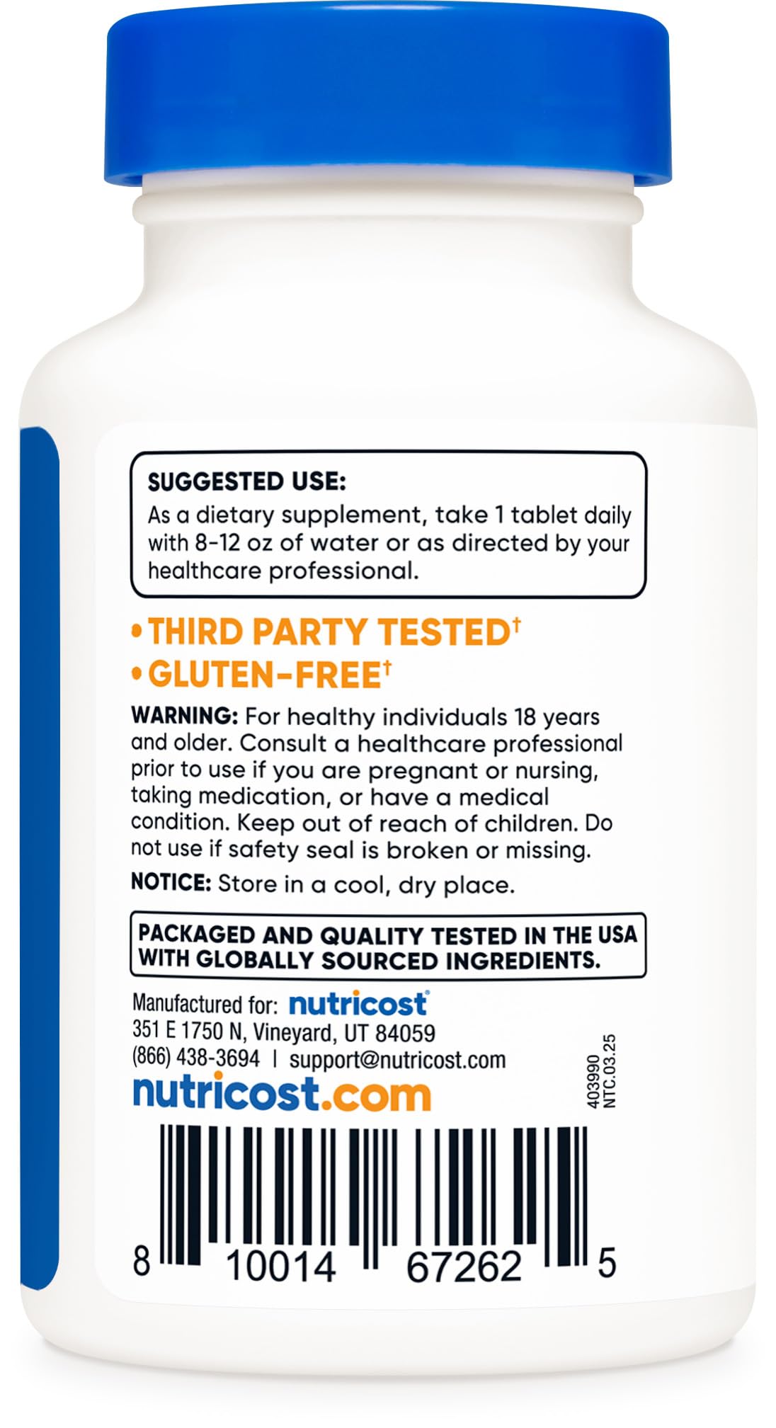 Nutricost Kelp Tablets packaging label highlighting non-GMO and gluten free