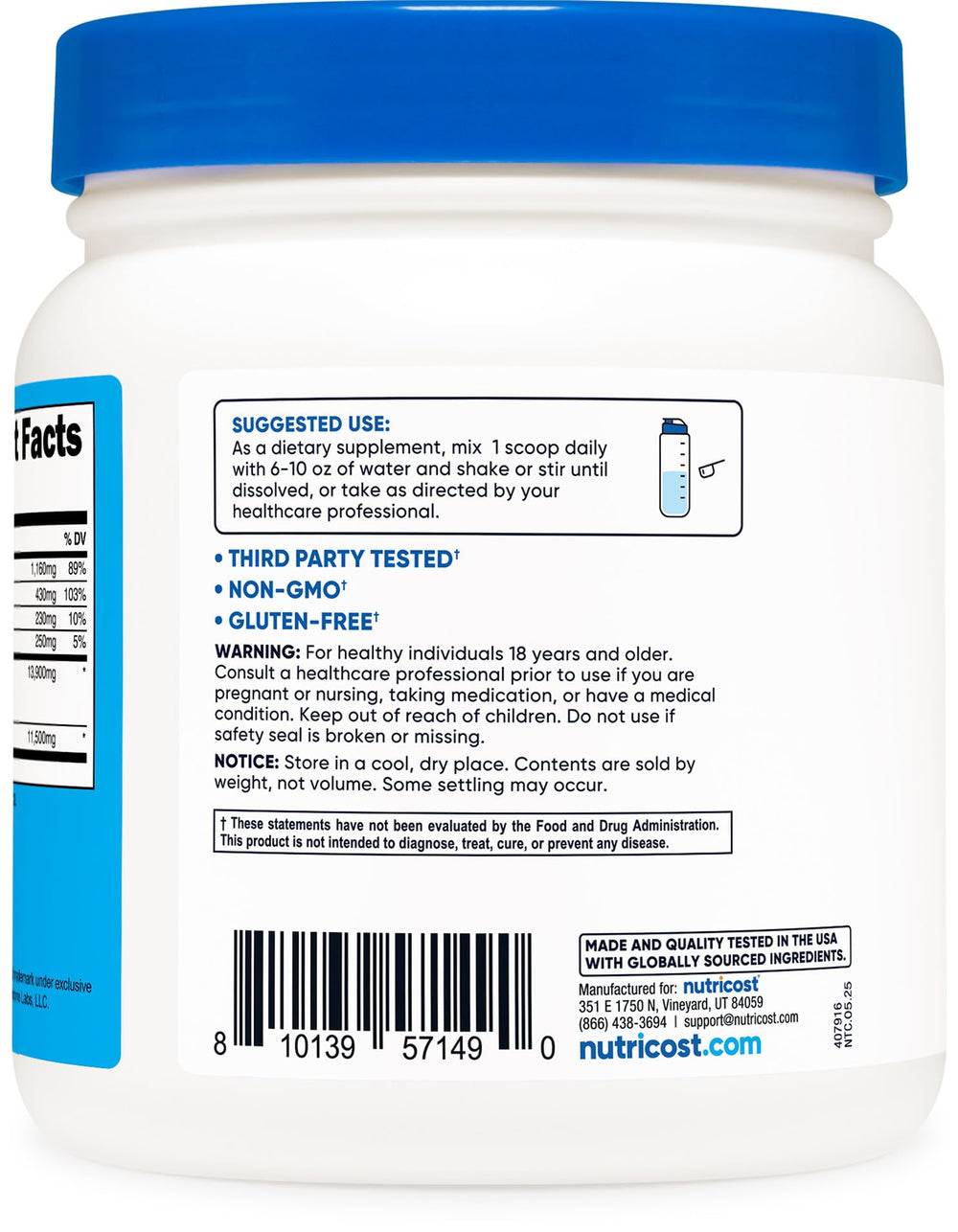 Close-up nutrition label on Nutricost Keto BHB exogenous salts highlighting non-GMO gluten-free