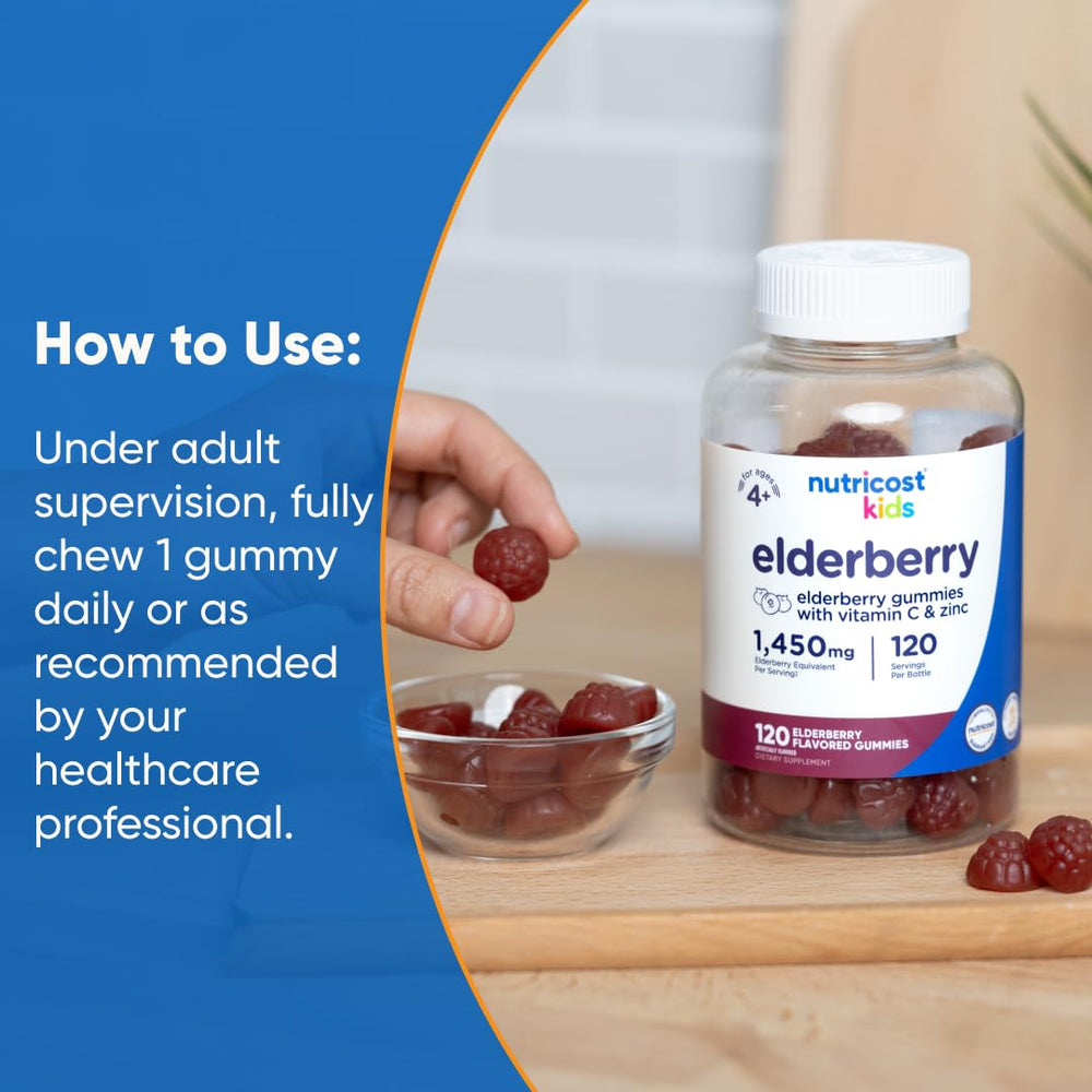 Nutricost Kids Elderberry Gummies bottle shows a child lock lid for safety