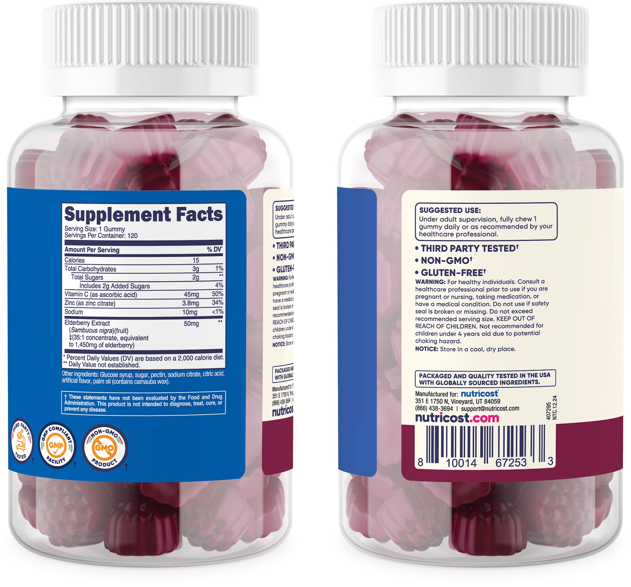 Nutricost Kids Elderberry Gummies zinc and vitamin C ingredients shown on label