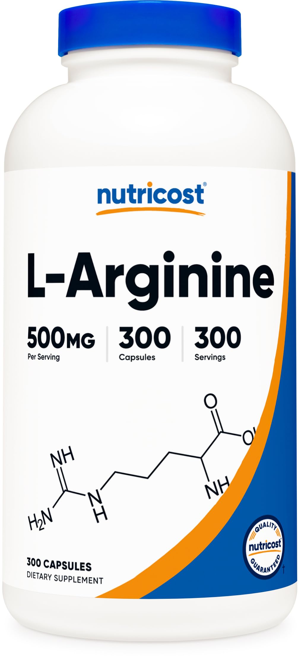 Nutricost L-Arginine 500mg bottle front highlighting gluten-free and non-GMO branding