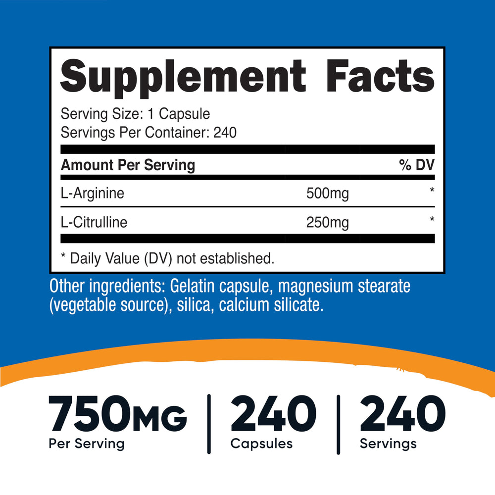 Closeup of Nutricost L-Arginine L-Citrulline capsules for easy dosing.