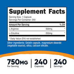 Closeup of Nutricost L-Arginine L-Citrulline capsules for easy dosing.