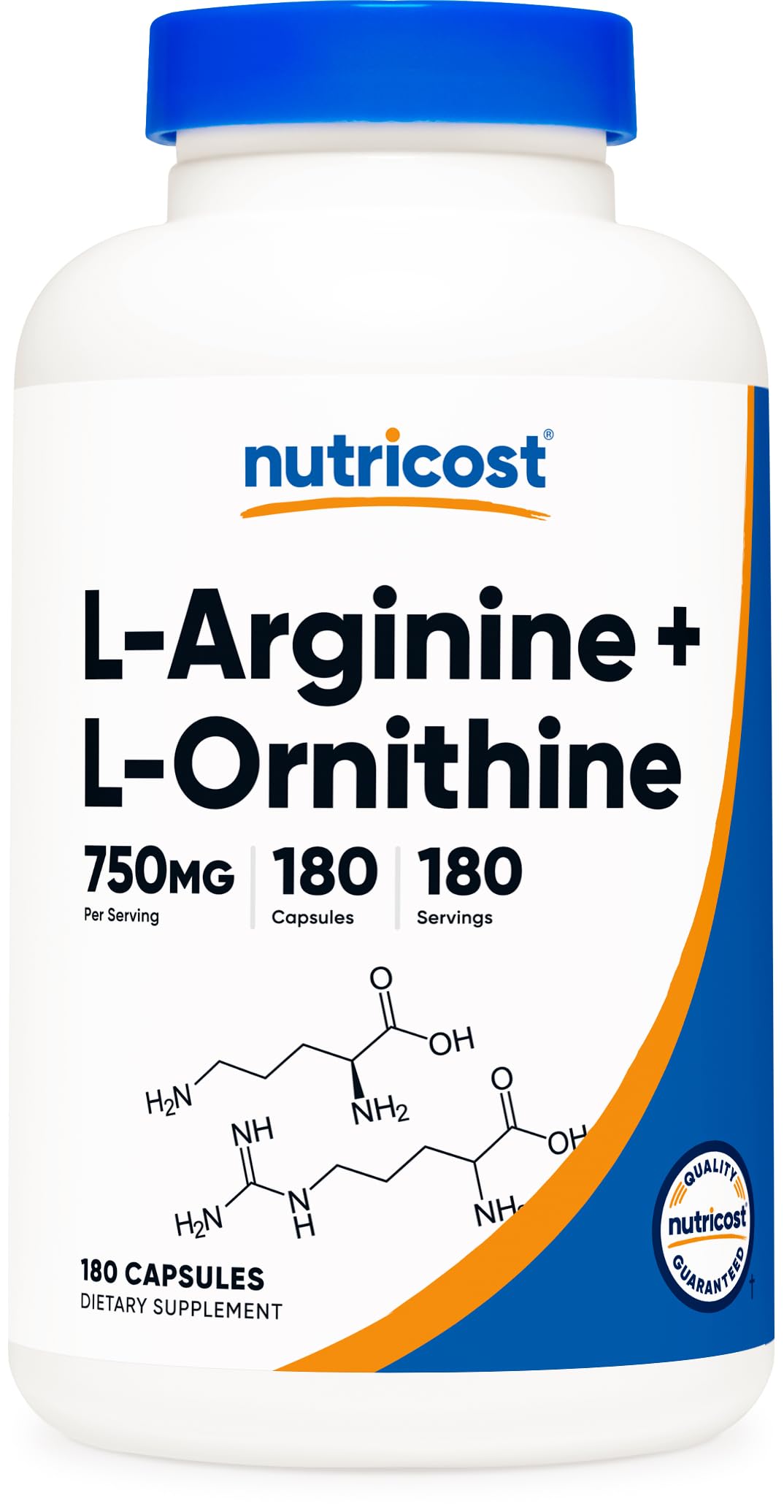Nutricost L-Arginine L-Ornithine 750mg bottle front with label for active lifestyles.