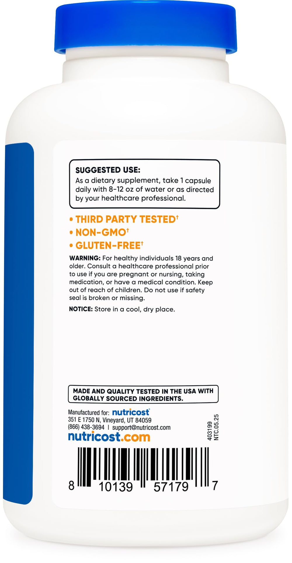 Nutricost 750mg serving size image highlighting 180 servings per bottle.