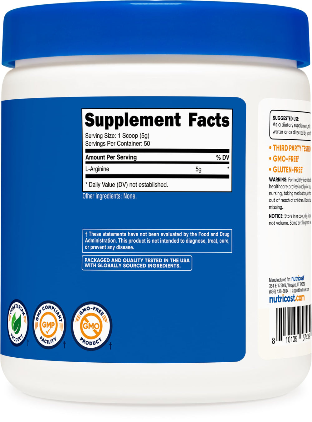Nutricost L-Arginine bottle featuring GMP and FDA-registered facility seal.