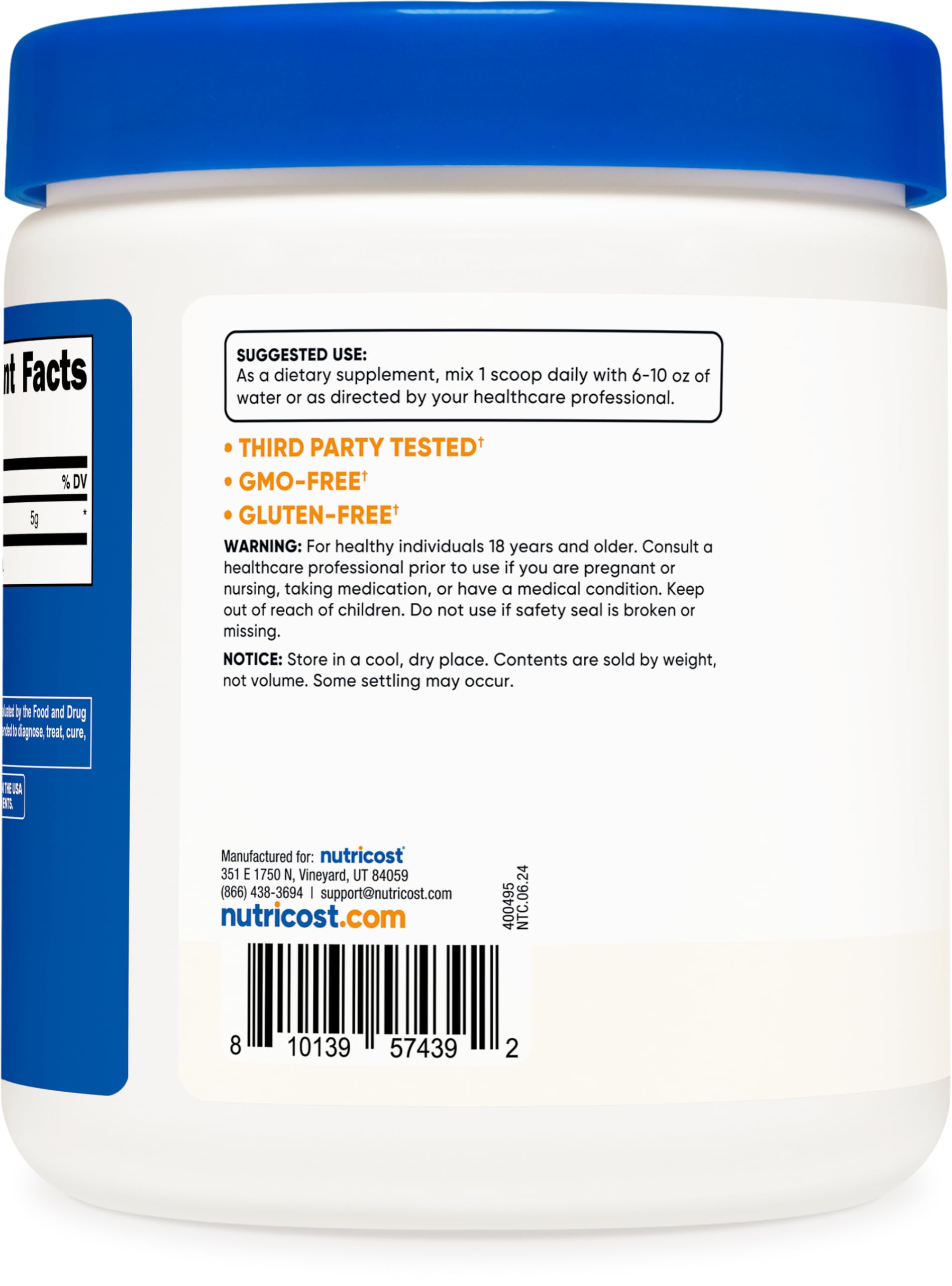 Nutricost L-Arginine powder label close-up highlighting gluten-free and non-GMO.