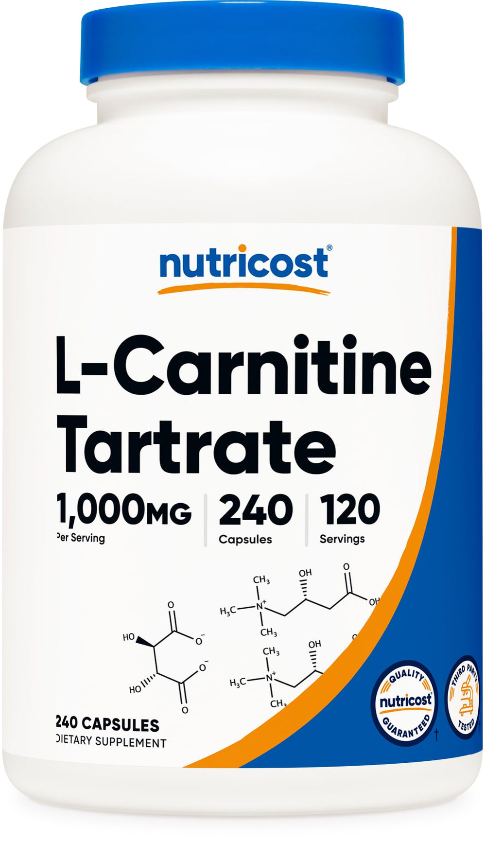 Nutricost L-Carnitine Tartrate bottle front for energy support during workouts.