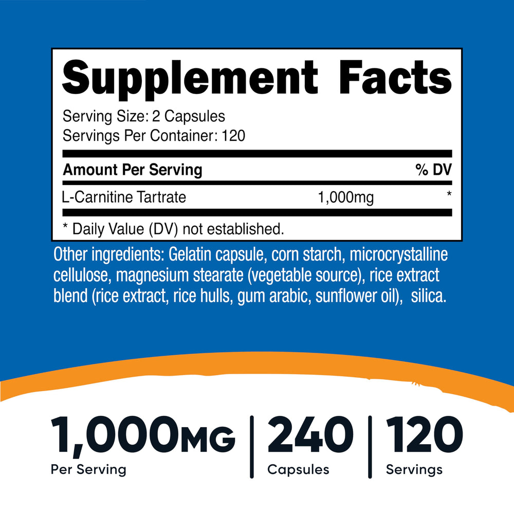 Nutricost L-Carnitine Tartrate capsules close-up for daily energy support.