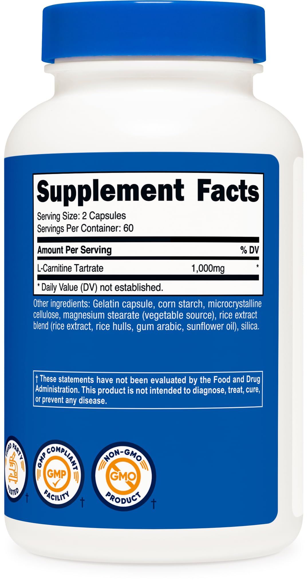 Nutricost L-Carnitine Tartrate bottle with quality facility badge signaling trusted manufacturing