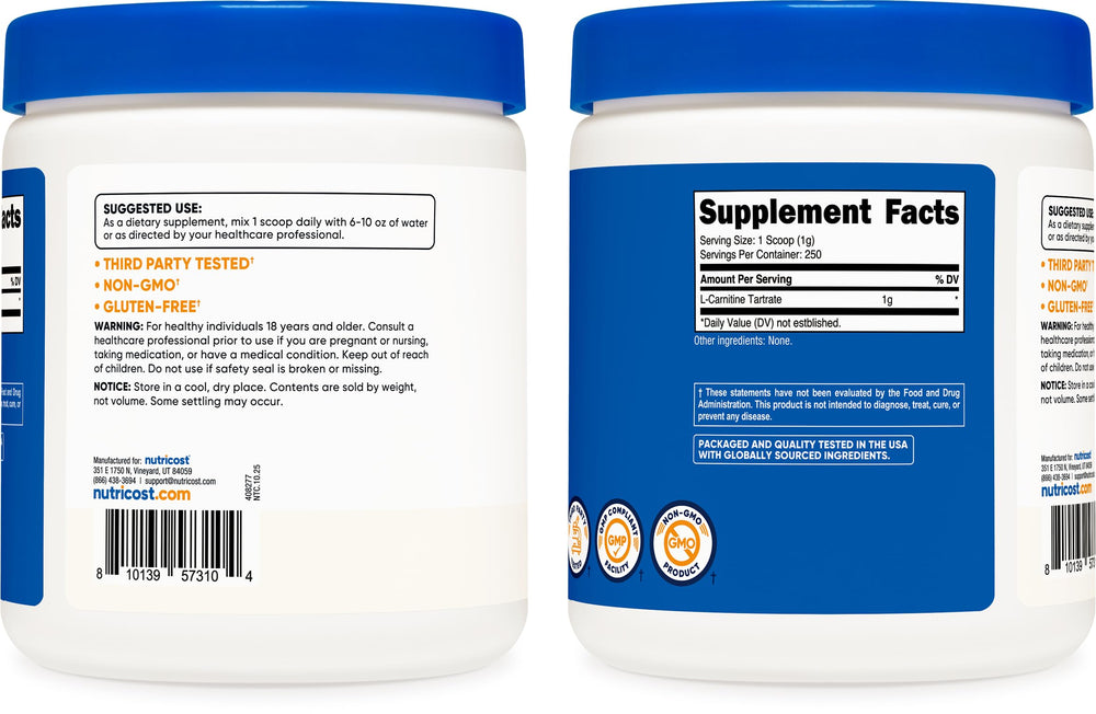 Label close-up shows Non-GMO and gluten-free notes for Nutricost product.