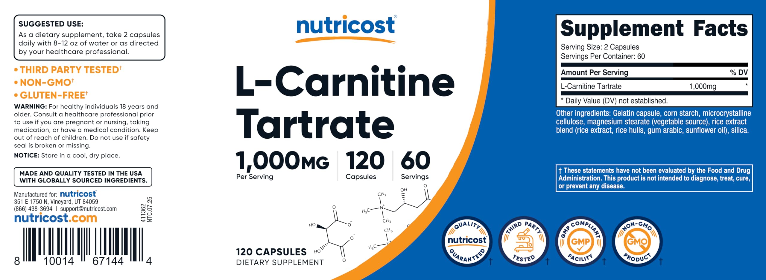 Nutricost L-Carnitine Tartrate bottle on shelf for easy purchasing