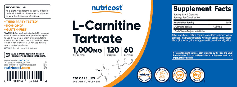 Nutricost L-Carnitine Tartrate bottle on shelf for easy purchasing