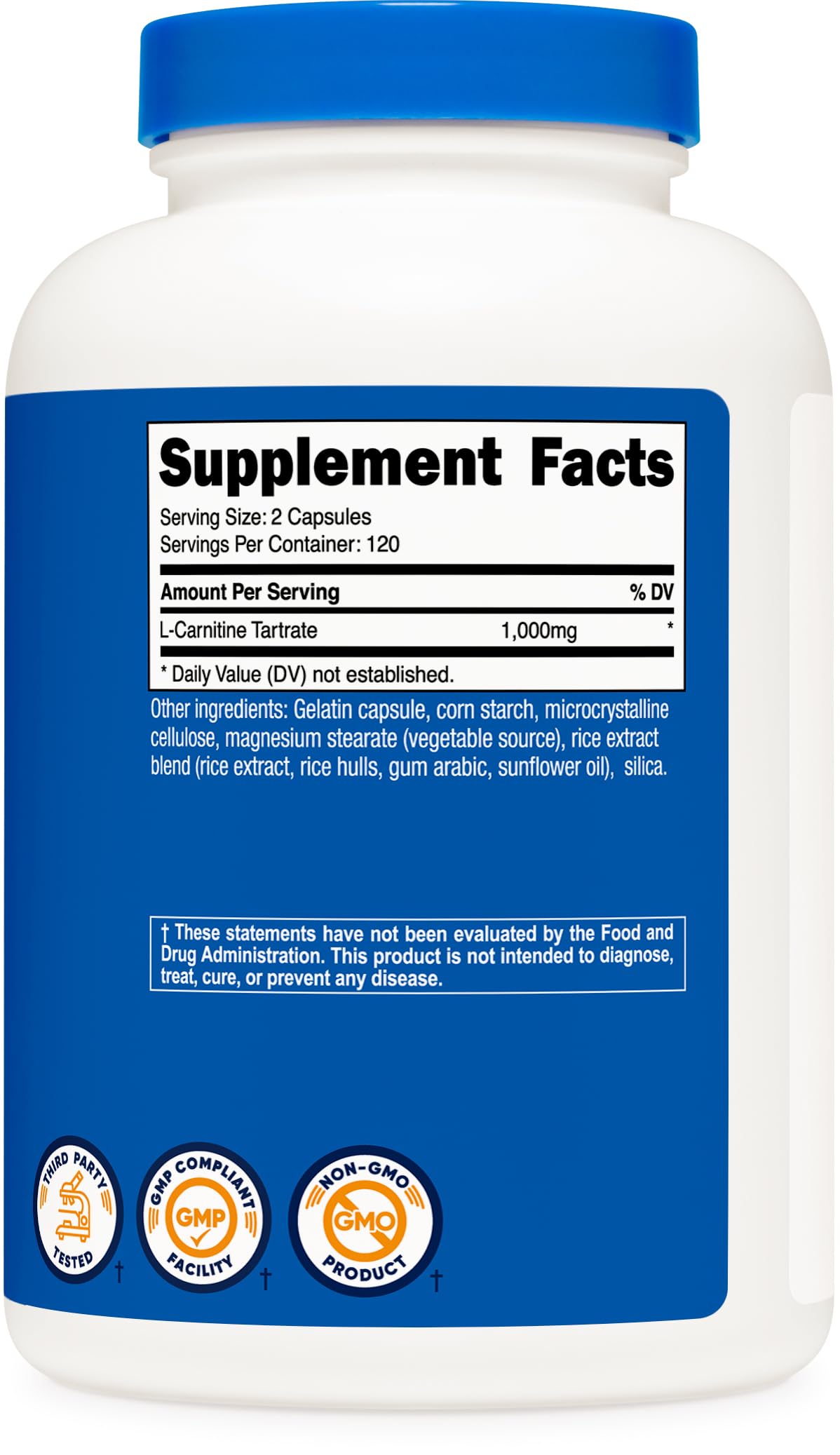 Nutricost L-Carnitine Tartrate packaging highlighting NSF, GMP, and FDA registration.