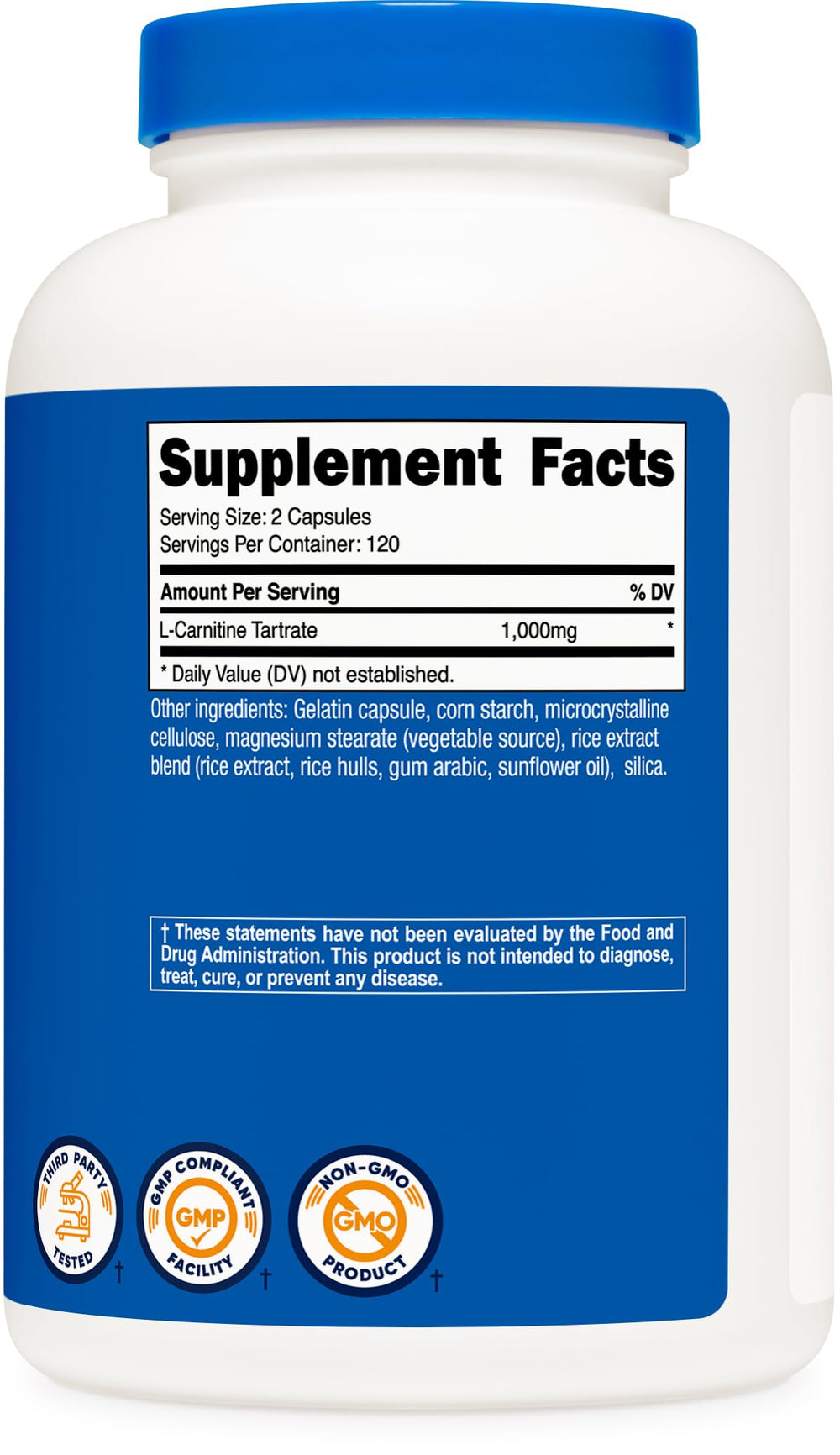 Nutricost L-Carnitine Tartrate packaging highlighting NSF, GMP, and FDA registration.