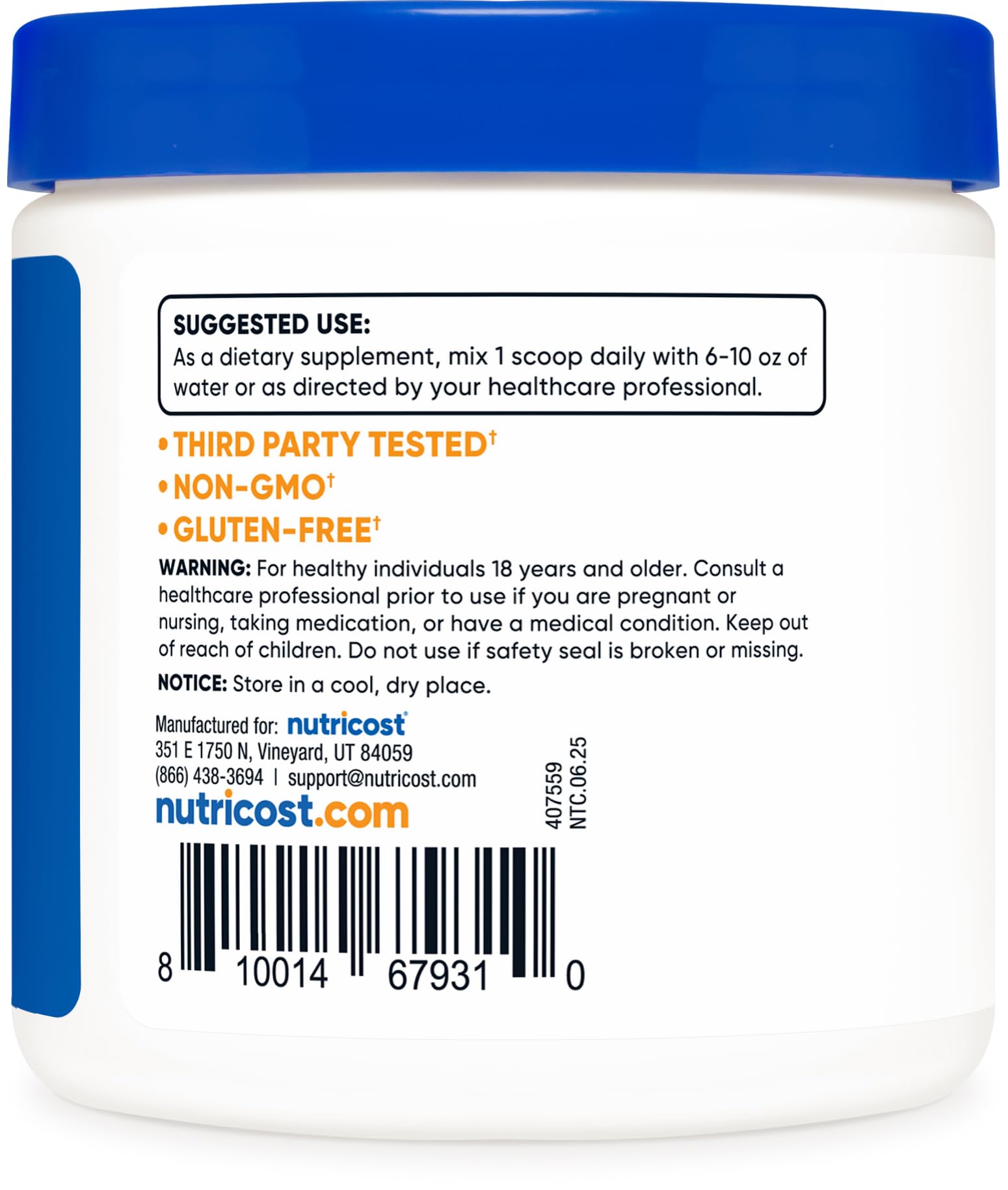 Nutricost L-Carnitine Tartrate powder facts panel for quick reference.