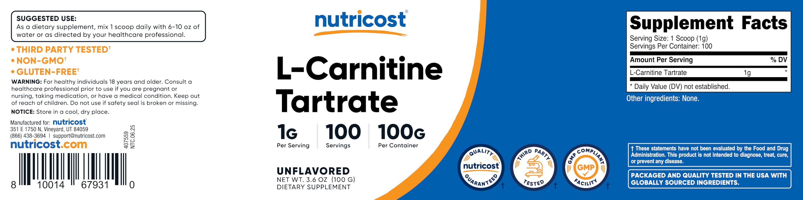 Nutricost L-Carnitine Tartrate powder jar close-up, showcasing texture and quality.