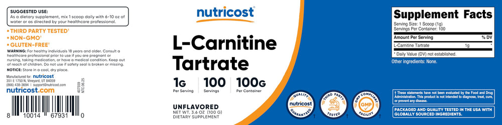 Nutricost L-Carnitine Tartrate powder jar close-up, showcasing texture and quality.