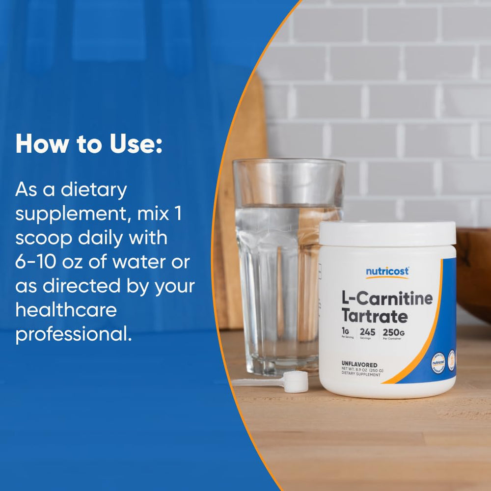 Nutricost L-Carnitine Tartrate powder comes with a measurement scoop.