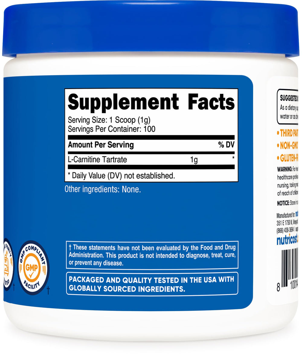 Nutricost L-Carnitine Tartrate powder measuring scoop on a clean surface.