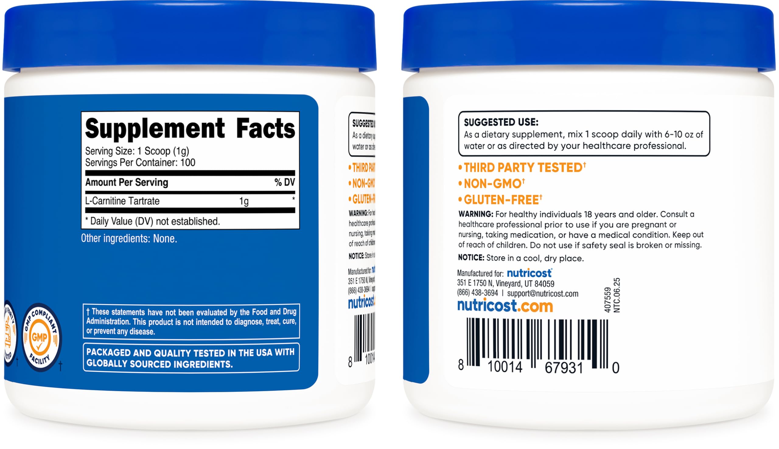 Nutricost L-Carnitine Tartrate powder being stirred into water for convenient consumption.