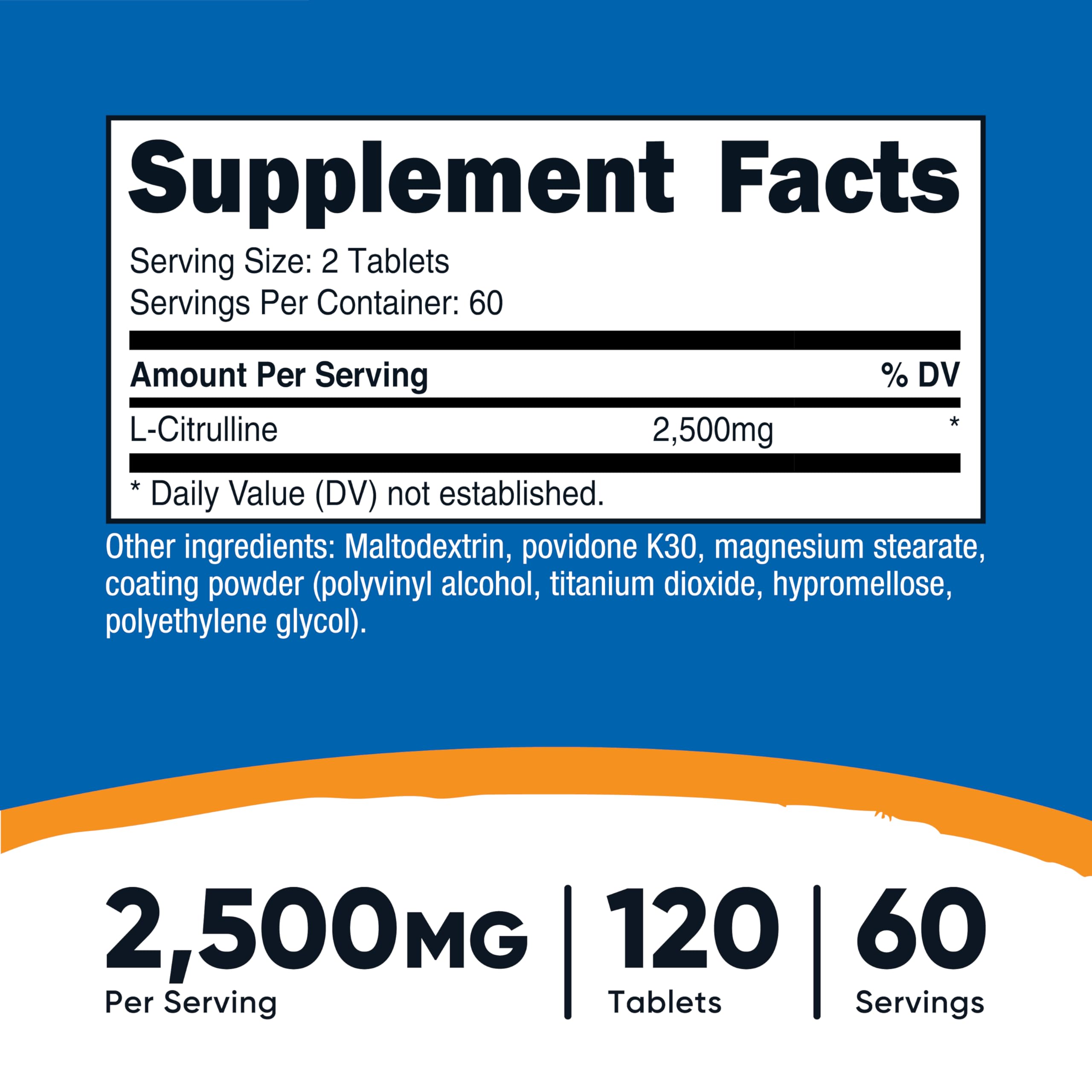 Nutricost L-Citrulline tablets close-up highlighting two-tablet serving