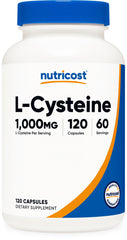 Nutricost L-Cysteine 1000mg bottle front view, clean label and premium supplement quality.