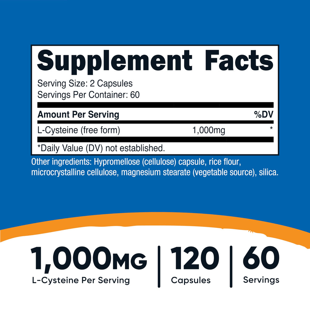 Nutricost L-Cysteine label close-up, gluten-free and non-GMO promise.