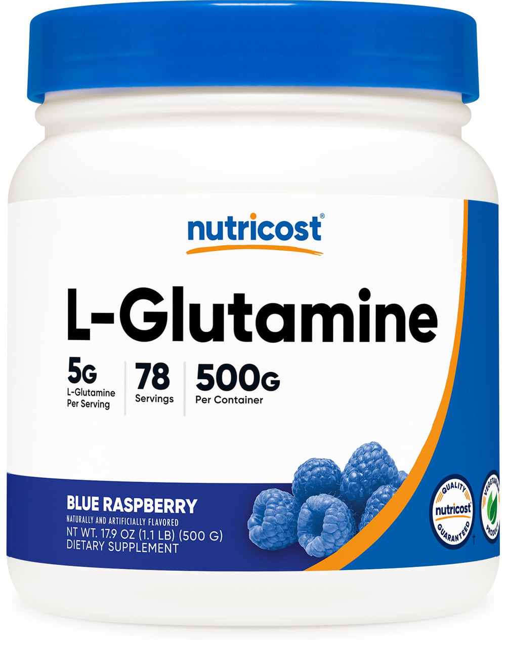 Nutricost L-Glutamine blue raspberry bottle shown for post-workout routine