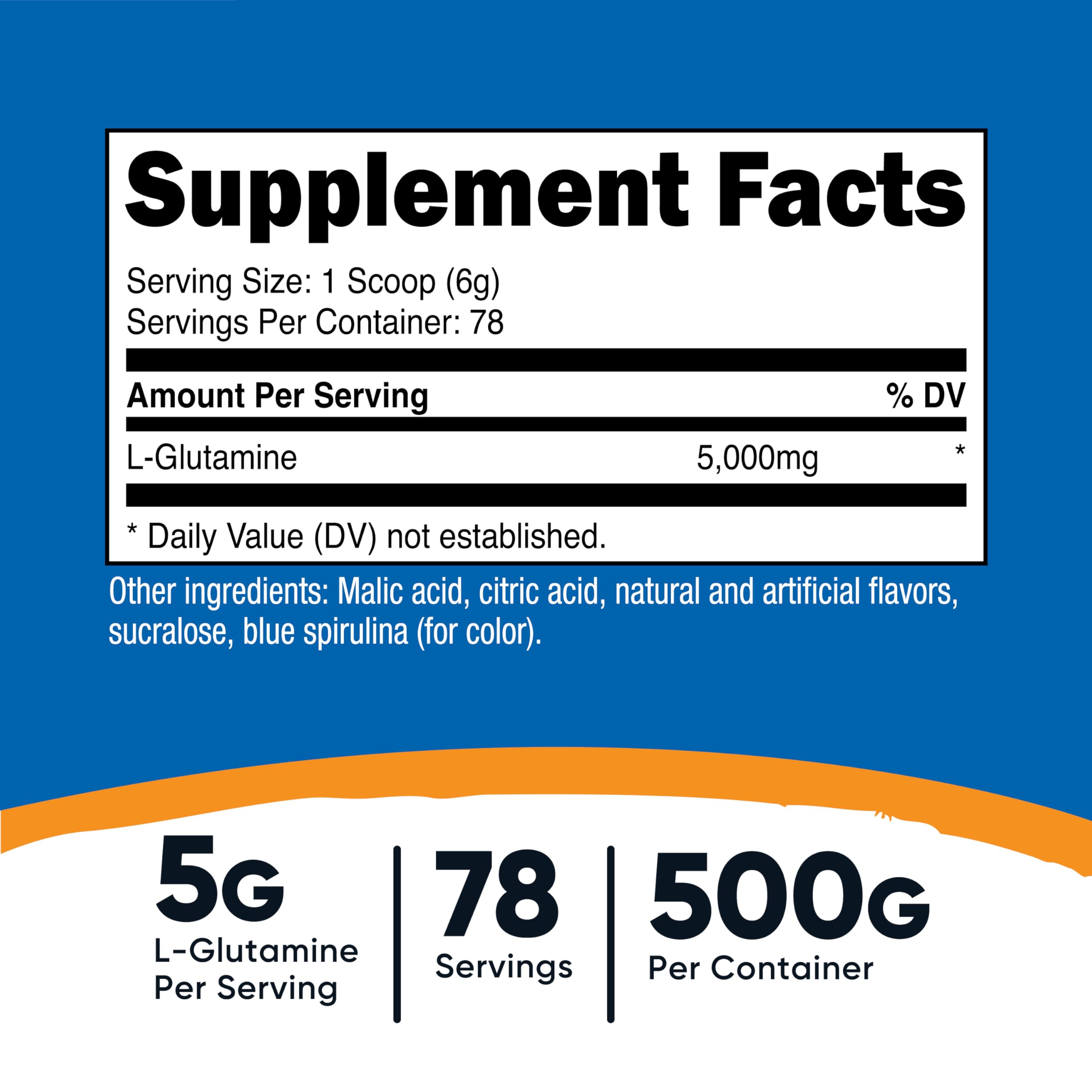 Nutricost L-Glutamine blue raspberry scoop beside the tub for easy serving
