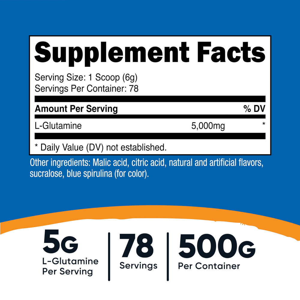 Nutricost L-Glutamine blue raspberry scoop beside the tub for easy serving