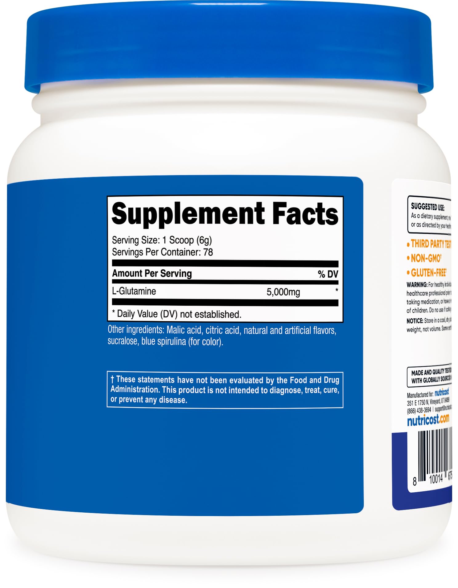 Nutricost L-Glutamine packaging and facility label emphasizing quality