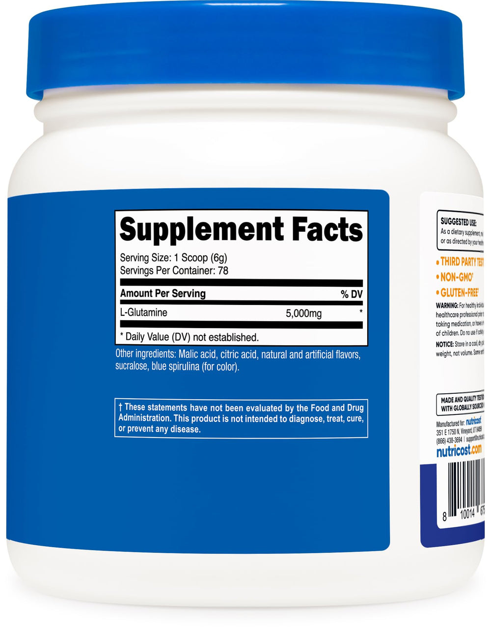 Nutricost L-Glutamine packaging and facility label emphasizing quality