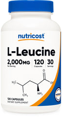 Nutricost L-Leucine 2000mg bottle close-up for easy daily supplementation.