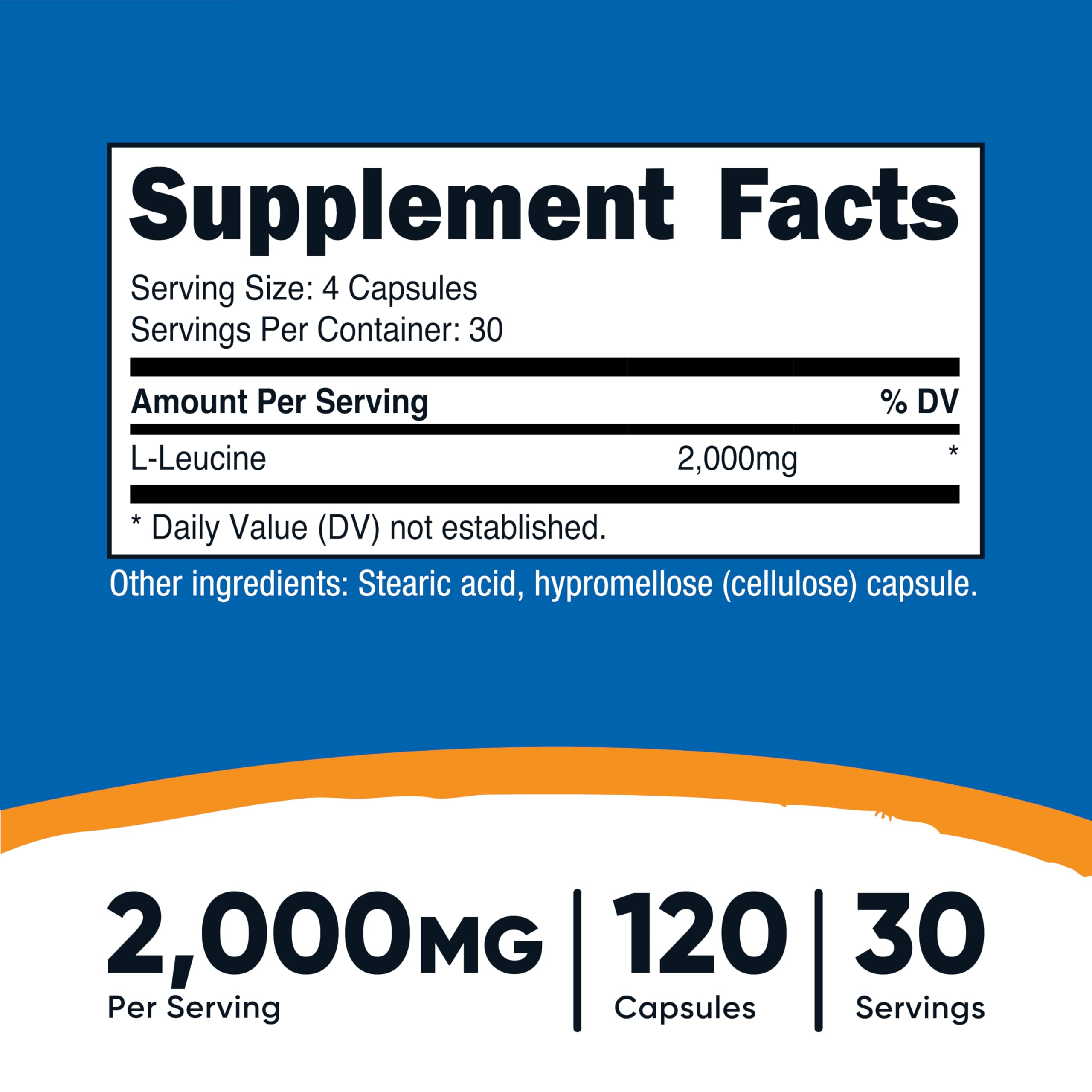 Nutricost L-Leucine capsules close-up, easy-to-swallow daily supplement.