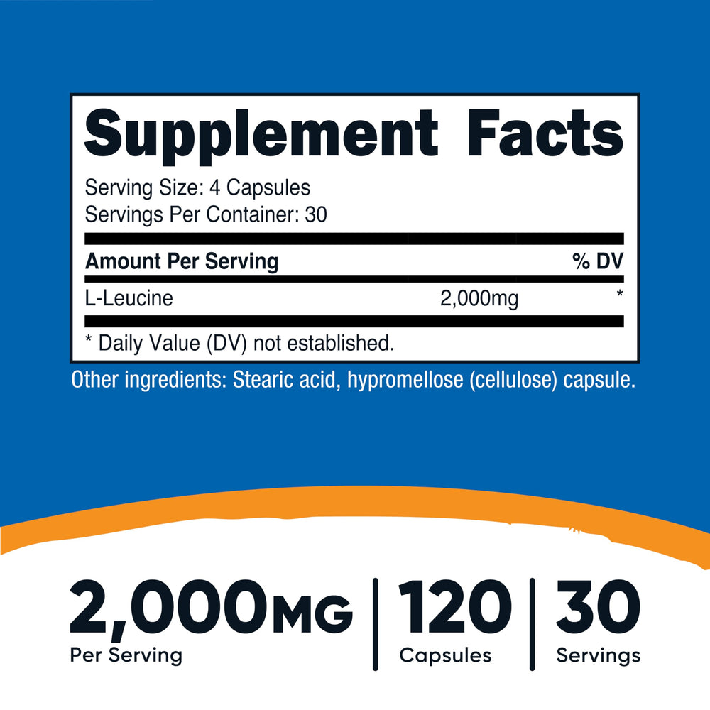 Nutricost L-Leucine capsules close-up, easy-to-swallow daily supplement.
