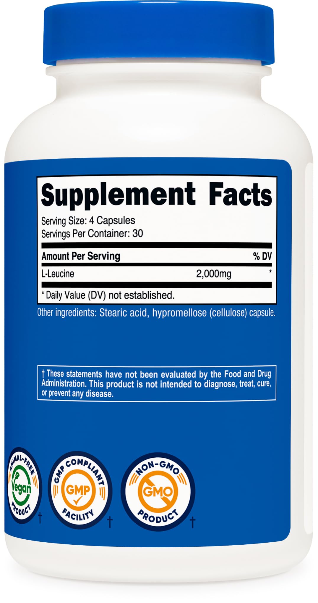 Nutricost L-Leucine facility certification and third-party testing seals.